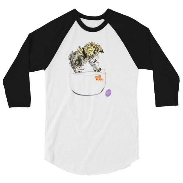 Raglan shirt with a Kitten standing on a fishbowl trying to get the goldfish